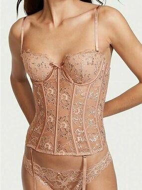 Victoria’s Secret Corset Top Bustier Lace Floral Metallic Lingerie Coquette Sz S